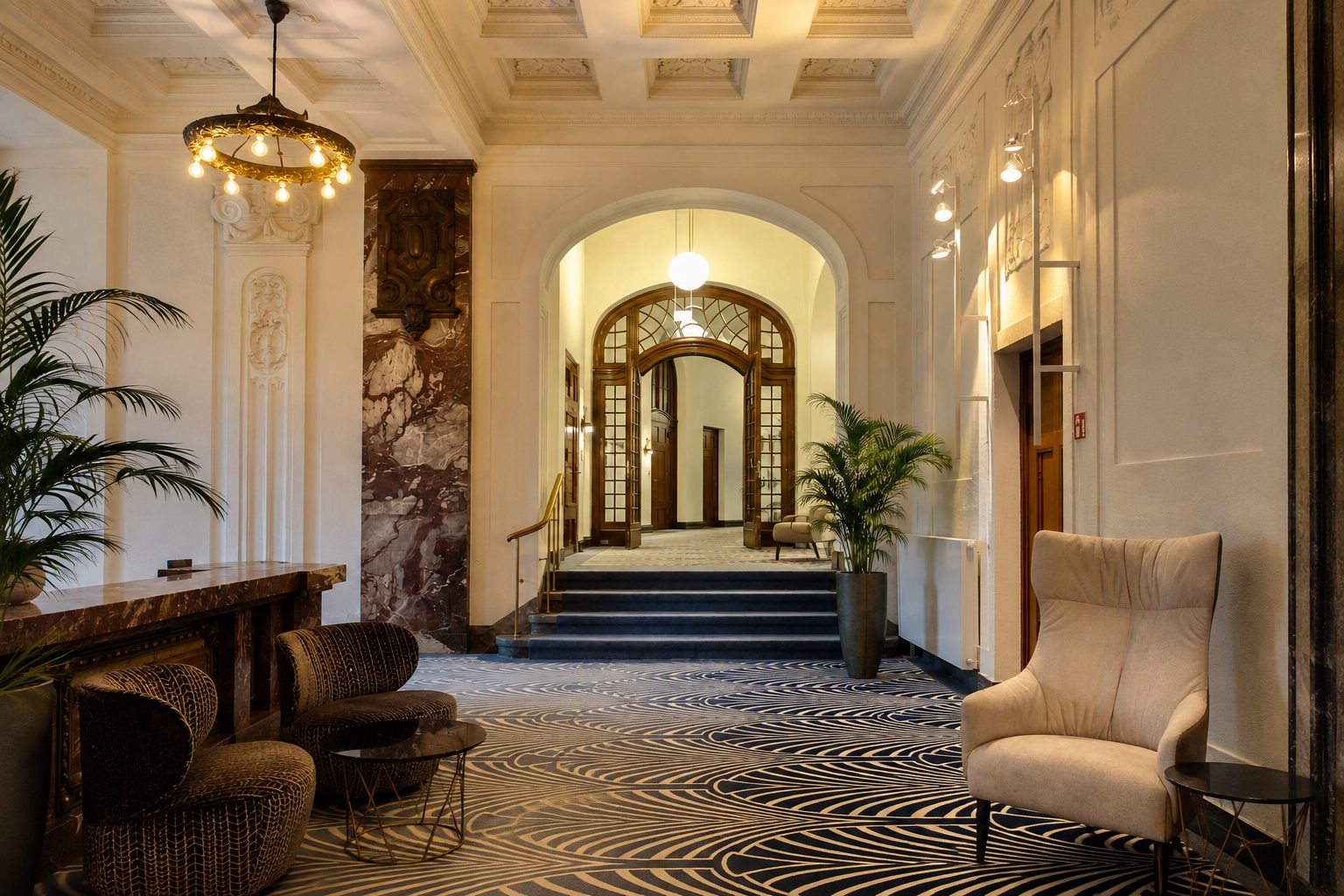 Grand boutique hotel lobby with marble columns
