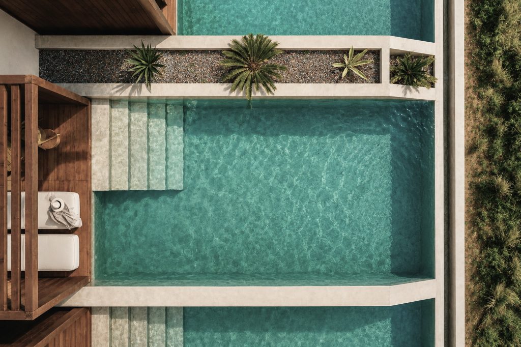 Aerial view of a luxury resort pool