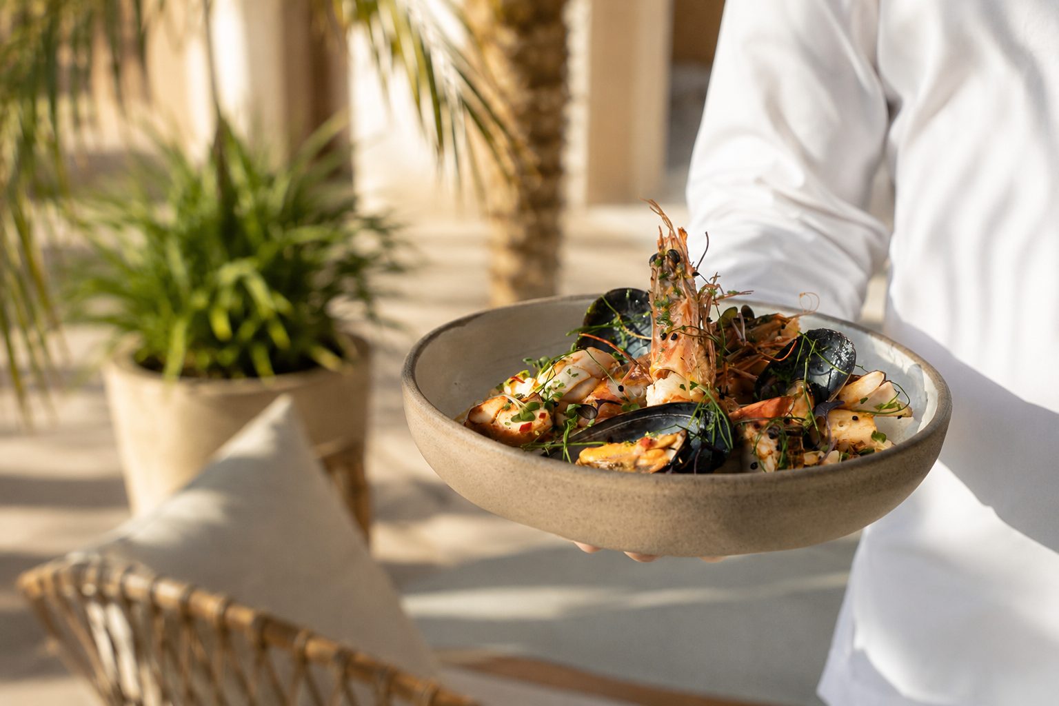 Seafood bowl served at outdoor restaurant