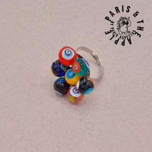 Millefiori Glass Bead Cluster Ring - Adjustable Silver Band