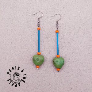 Green Textured Heart and Blue Tube Dangle Earrings