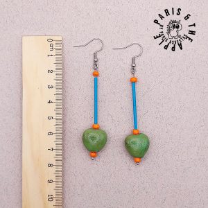 Blue Bar and Green Glazed Heart Drop Earrings
