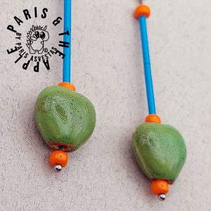 Green Ceramic Pebble and Blue Bar Drop Earrings