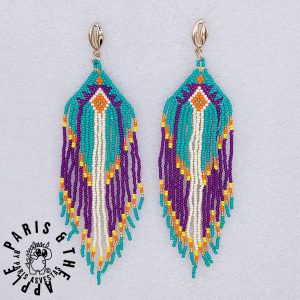 Bohemian Teal and Purple Beaded Tassel Earrings