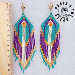 Long Teal and Purple Beaded Fringe Earrings with Shell Studs