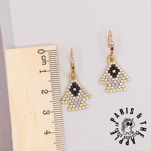 Mini Geometric Beaded Tree Earrings - Gold, Black and Grey