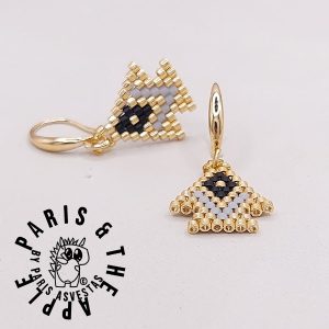 Hand-Woven Gold, Black and Grey Geometric Beaded Earrings