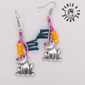 Silver Frog and Woven Cord Statement Drop Earrings