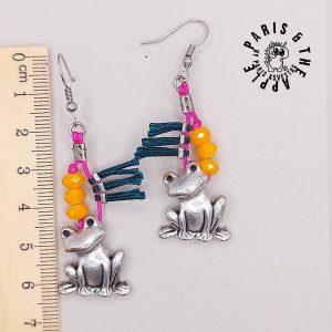 Silver Frog Drop Earrings with Yellow Beads and Teal Fringe