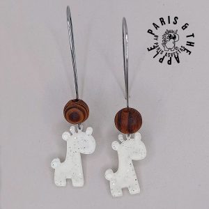 Glittery White Giraffe Dangle Earrings with Wooden Beads
