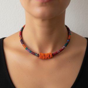 Bohemian Woven Fabric Choker with Orange Bead Rings