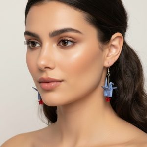 Light Blue Origami Crane Earrings with Red Star Charms