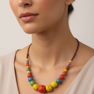 Vibrant Multi-Color Ceramic Bead Necklace on Brown Cord